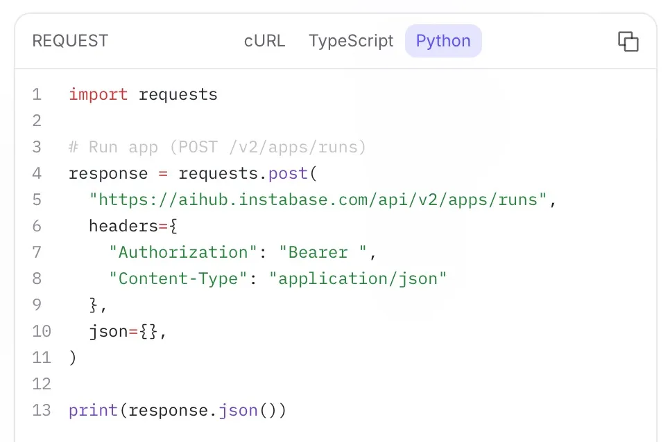 Selecting Python from the API code sample language dropdown