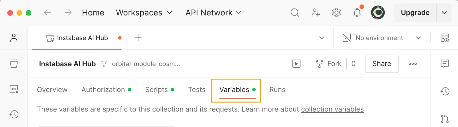 The Variables tab of a Postman collection, viewed in Postman's desktop app