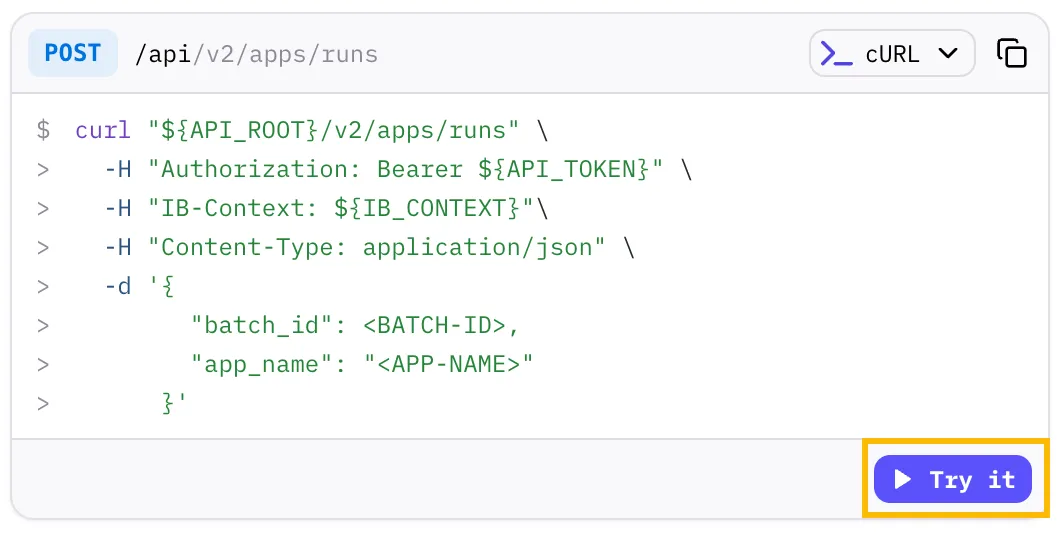 Request sample frame with the API playground Try it button highlighted