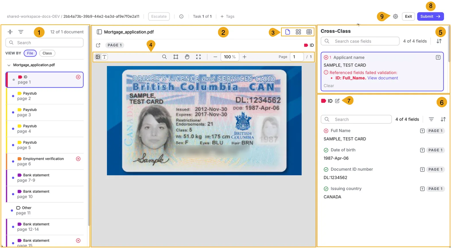 The Review user interface, with components numbered for cross-reference with adjacent descriptions