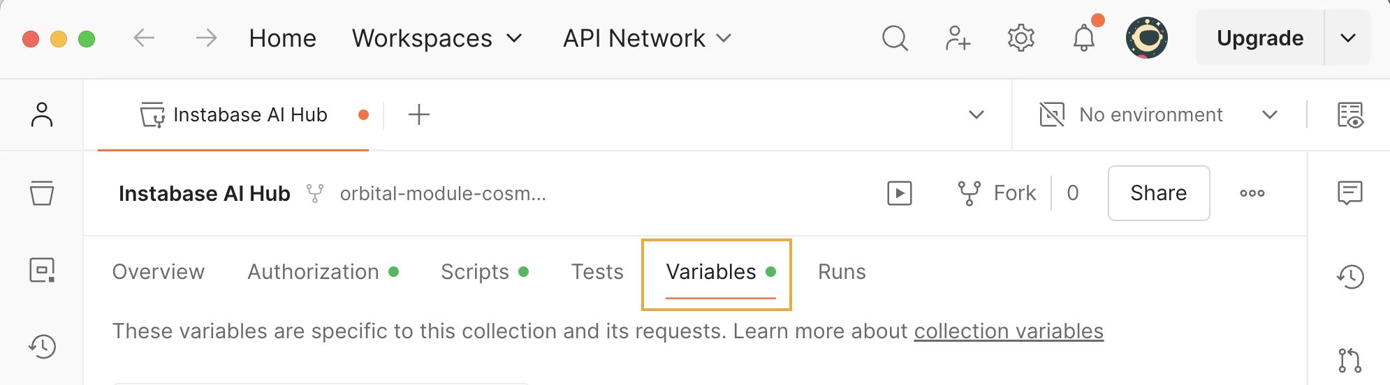 The Variables tab of a Postman collection, viewed in Postman's desktop app