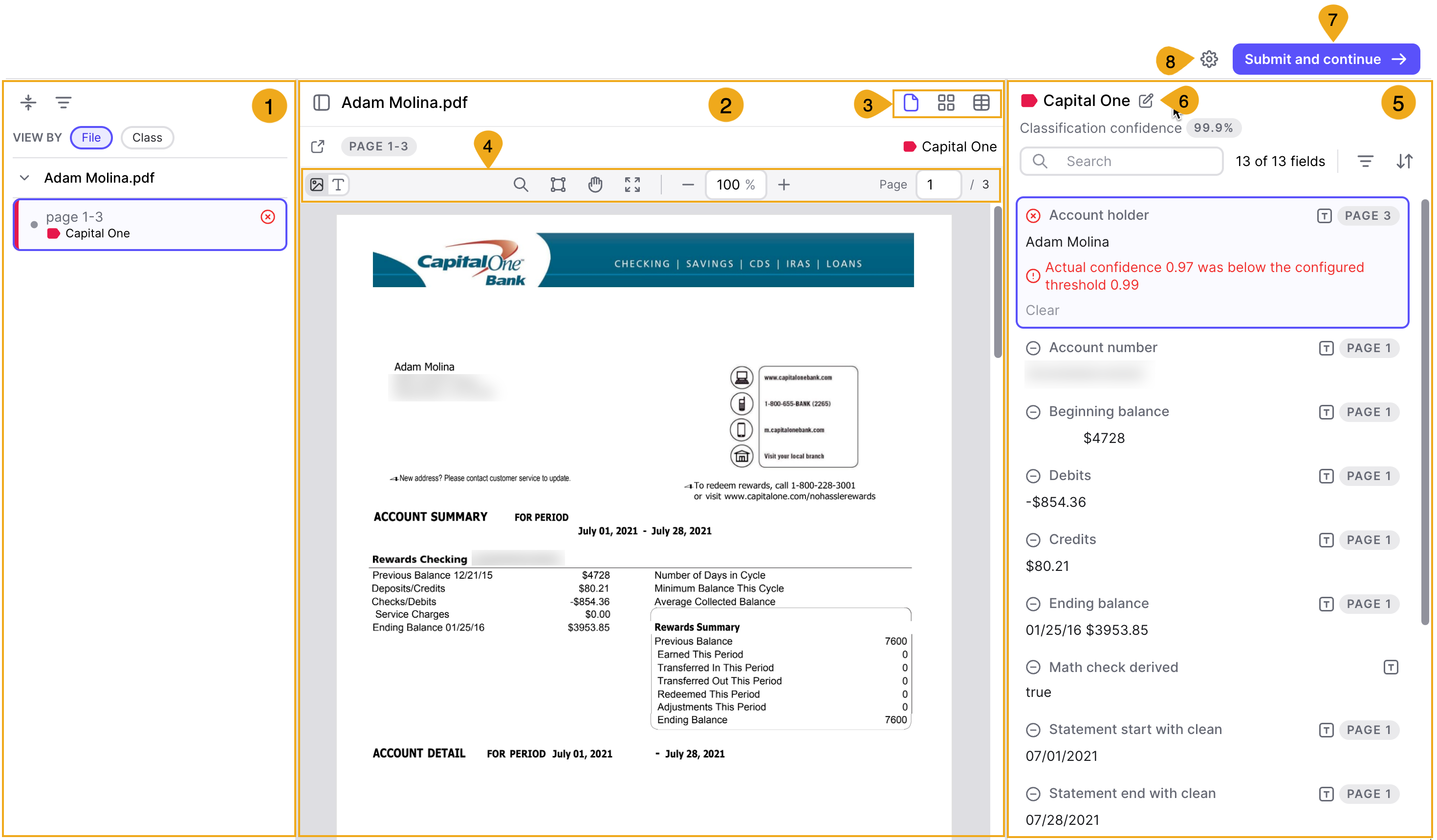 The Review user interface, with components numbered for cross-reference with adjacent descriptions