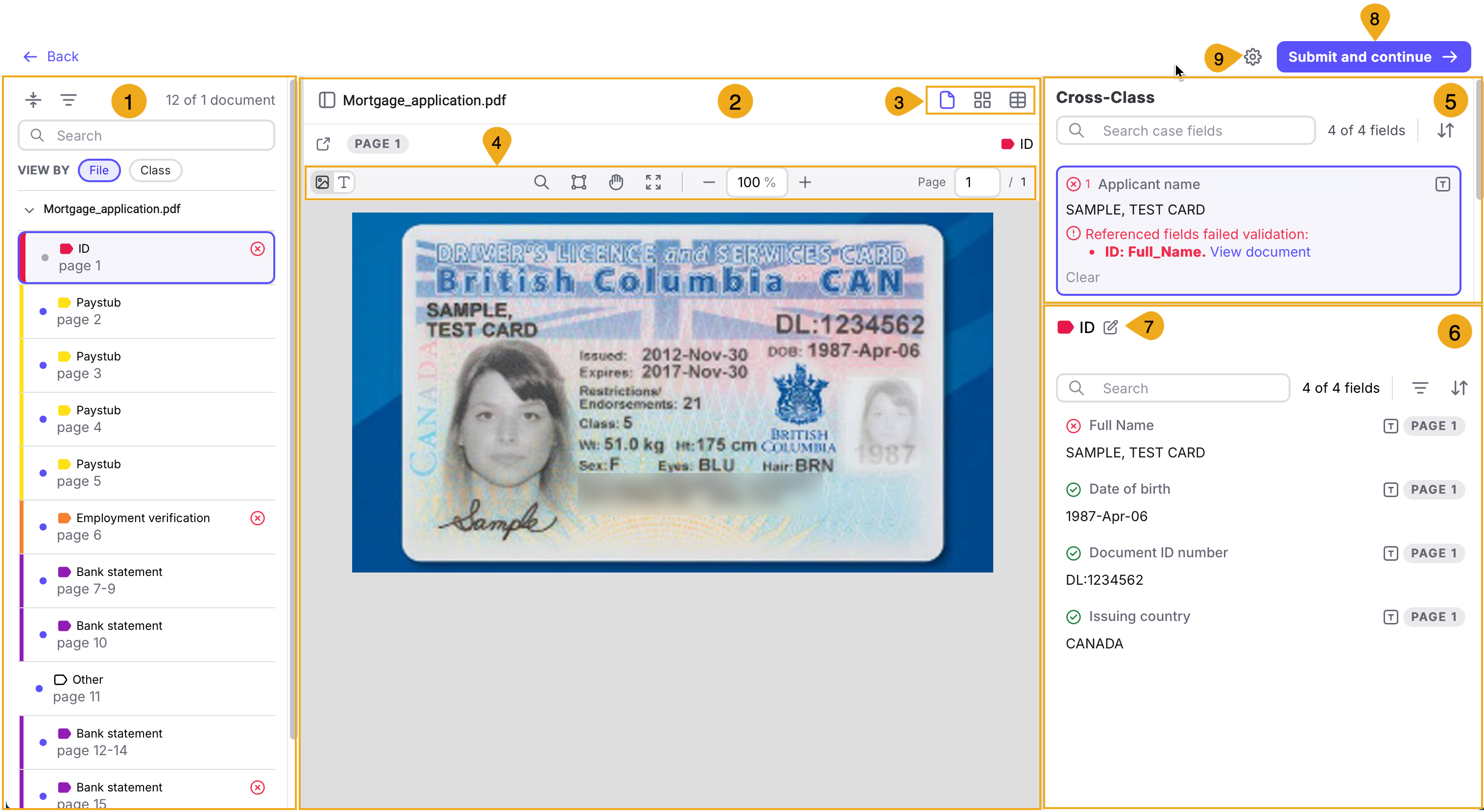 The Review user interface, with components numbered for cross-reference with adjacent descriptions